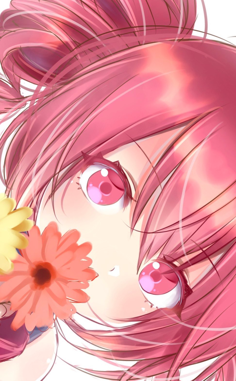 1girl close-up commentary_request covered_mouth dot_nose drill_hair expressionless eyebrows_visible_through_hair eyelashes face flower hair_between_eyes highres kasane_teto looking_at_viewer red_eyes red_flower redhead simple_background solo twintails upper_body upside-down utau white_background xaruex yellow_flower