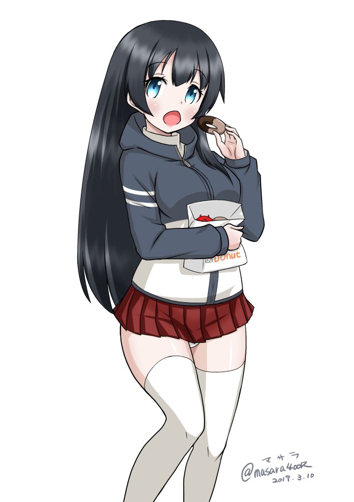 1girl agano_(kantai_collection) black_hair commentary_request dated doughnut eating food green_eyes kantai_collection long_hair looking_at_viewer masara_(masalucky2010) open_mouth panties pantyshot pleated_skirt red_skirt simple_background skirt solo standing thigh-highs twitter_username two-tone_jacket underwear white_background white_legwear white_panties