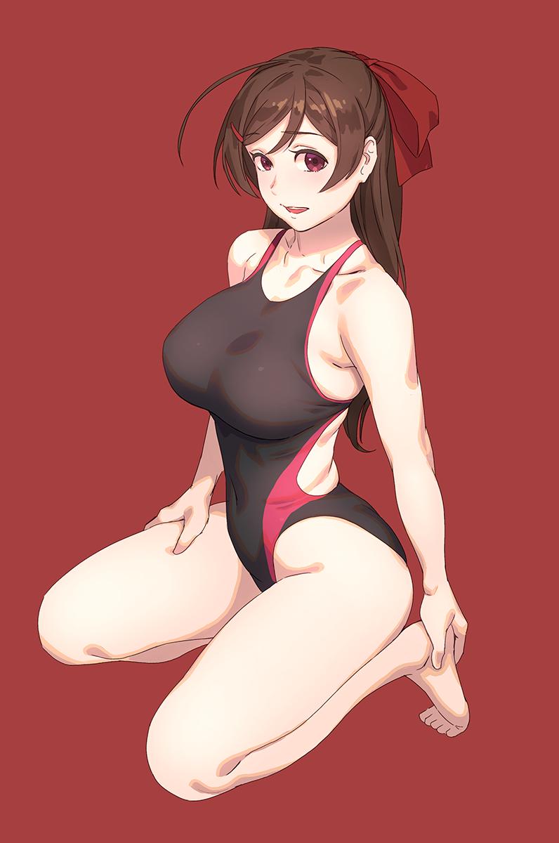 1girl ahoge alternate_costume bangs bare_legs bare_shoulders barefoot blush breasts collarbone commentary competition_swimsuit covered_navel eyebrows_visible_through_hair hair_between_eyes hair_ornament hair_ribbon hairclip highleg highleg_swimsuit highres kantai_collection kneeling large_breasts long_hair looking_at_viewer mamiya_(kantai_collection) multicolored multicolored_clothes one-piece_swimsuit open_mouth ponytail red_background red_eyes red_ribbon ribbon simple_background skindentation smile solo swimsuit thighs yuuji_(and)