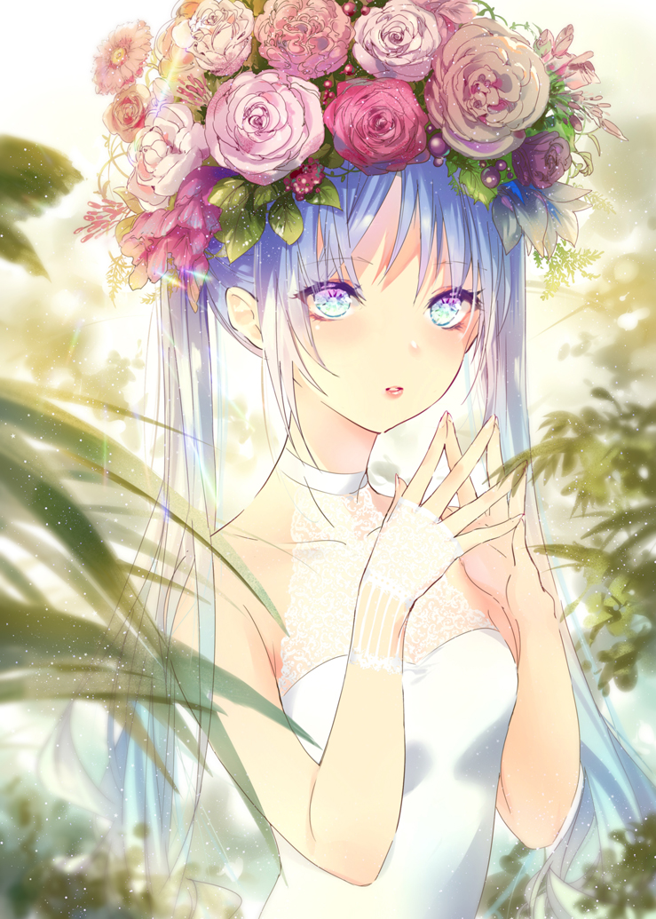 1girl backlighting bangs bare_arms bare_shoulders blue_eyes blue_hair blurry blurry_background blurry_foreground breasts depth_of_field dress eyebrows_visible_through_hair fingernails flower hair_flower hair_ornament hands_up kinokohime long_hair original parted_lips pink_flower pink_rose red_flower red_rose rose see-through small_breasts solo steepled_fingers twintails very_long_hair white_dress