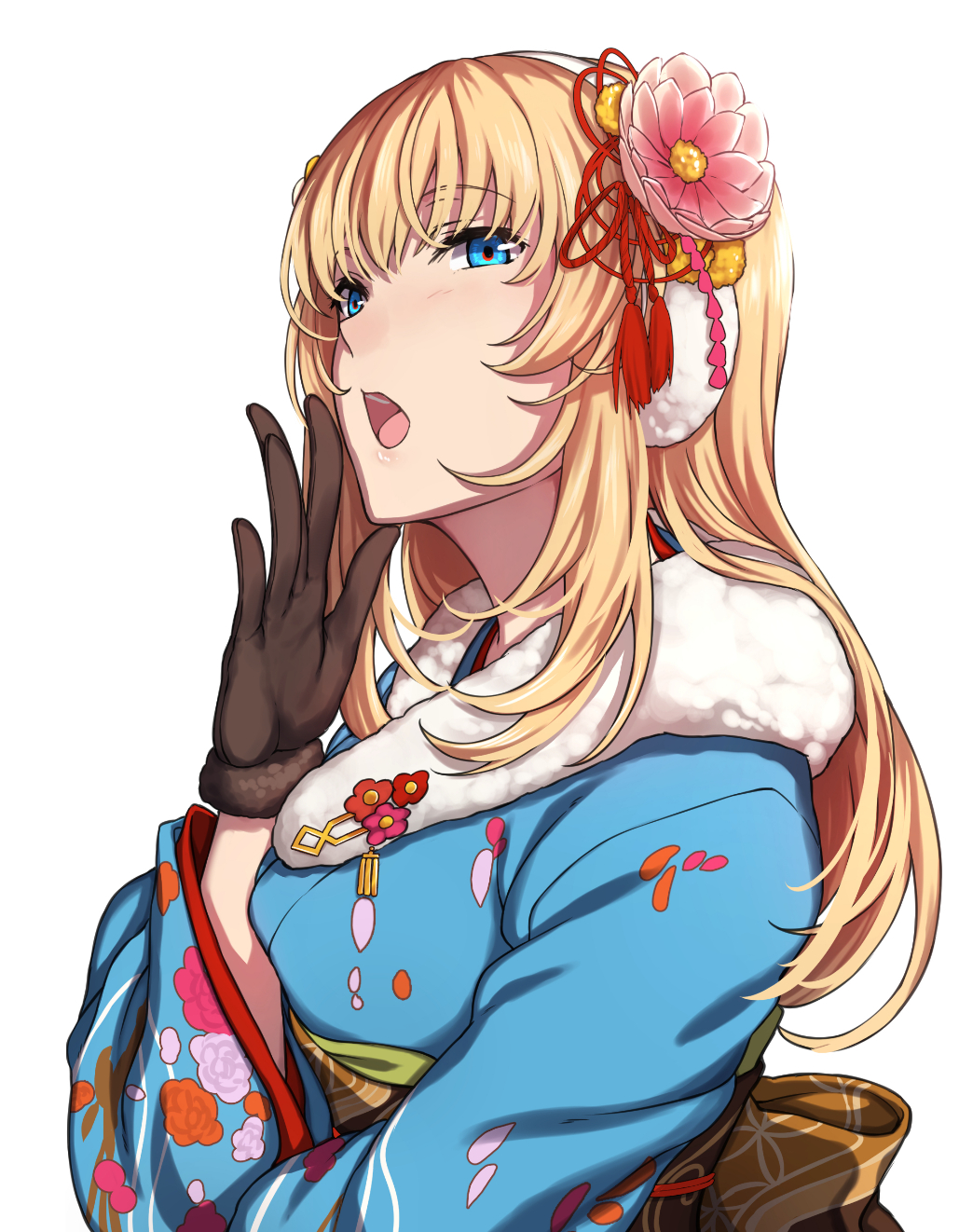 1girl alternate_costume blonde_hair blue_eyes blue_kimono brown_gloves earmuffs evelysse_(star_ocean) eyebrows_visible_through_hair flower gloves hair_flower hair_ornament highres japanese_clothes kimono long_hair looking_at_viewer new_year open_mouth sblack solo star_ocean star_ocean_anamnesis upper_body