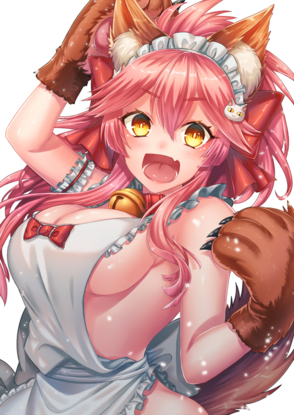 1girl alternate_costume animal_ears apron bell bell_collar bow breasts brown_gloves cat_hair_ornament cleavage collar enmaided eyebrows_visible_through_hair fate/grand_order fate_(series) floating_hair fox_ears fox_tail frilled_apron frills gloves hair_between_eyes hair_bow hair_ornament kamuinii large_breasts long_hair looking_at_viewer maid maid_headdress naked_apron no_bra no_panties no_underwear paw_gloves paws pink_eyebrows pink_hair red_bow shiny shiny_hair sideboob simple_background solo tail tamamo_(fate)_(all) tamamo_cat_(fate) upper_body very_long_hair white_apron white_background yellow_eyes