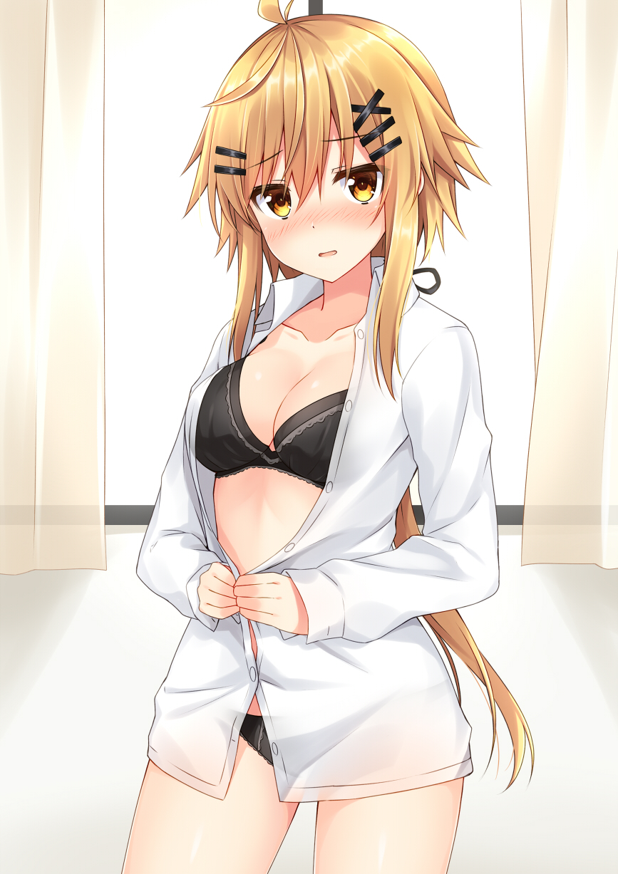 1girl bangs black_bra black_panties blonde_hair blush bra breasts brown_eyes buttons changing_room cleavage collarbone collared_shirt commentary_request cowboy_shot curtains eyebrows_visible_through_hair hair_between_eyes hair_ornament hairclip highres indoors komori_kuzuyu long_hair long_sleeves looking_at_viewer medium_breasts nao_(kuzuya) open_clothes open_mouth original panties see-through_silhouette shirt solo standing underwear undressing very_long_hair white_shirt window x_hair_ornament