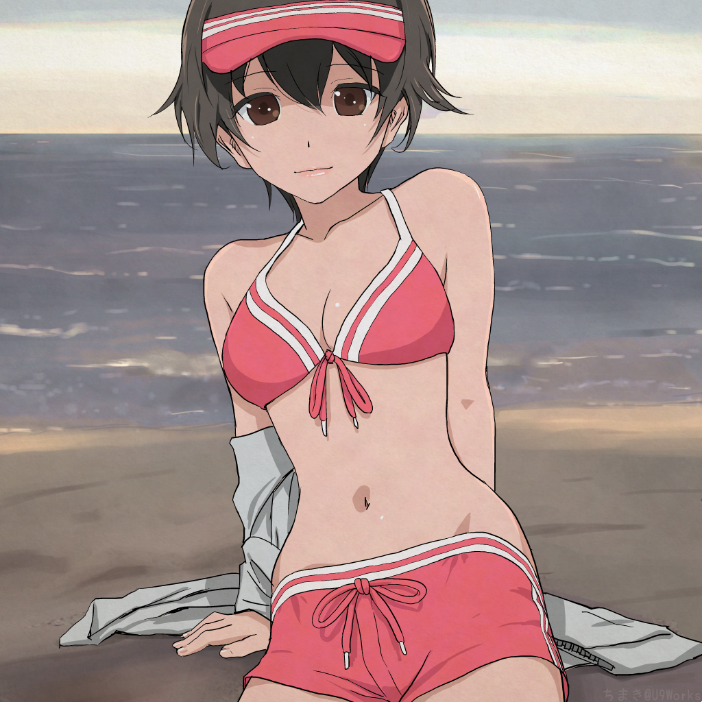 1girl akagi_(fmttps) arm_support artist_name bangs beach bikini bikini_shorts breasts brown_eyes brown_hair cleavage closed_mouth commentary day double_vertical_stripe front-tie_bikini front-tie_top girls_und_panzer grey_sky hat leaning_to_the_side light_smile looking_at_viewer medium_breasts nakajima_(girls_und_panzer) navel ocean off_shoulder pink_bikini pink_hat shirt short_hair short_shorts shorts sitting solo swimsuit twitter_username visor_cap white_shirt