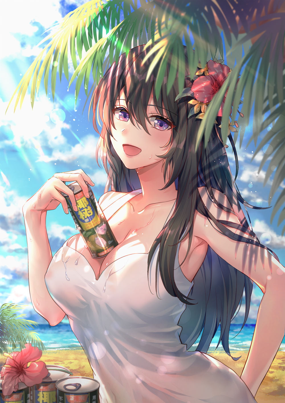 1girl althea_(sakiya0000) bangs beach black_hair blue_sky blush breasts can cleavage clouds collarbone condensation dress flower hair_flower hair_ornament highres holding holding_can large_breasts long_hair ocean open_mouth original outdoors palm_tree sand shade sidelocks sky sleeveless sleeveless_dress solo sunlight sweat tareme tree violet_eyes white_dress