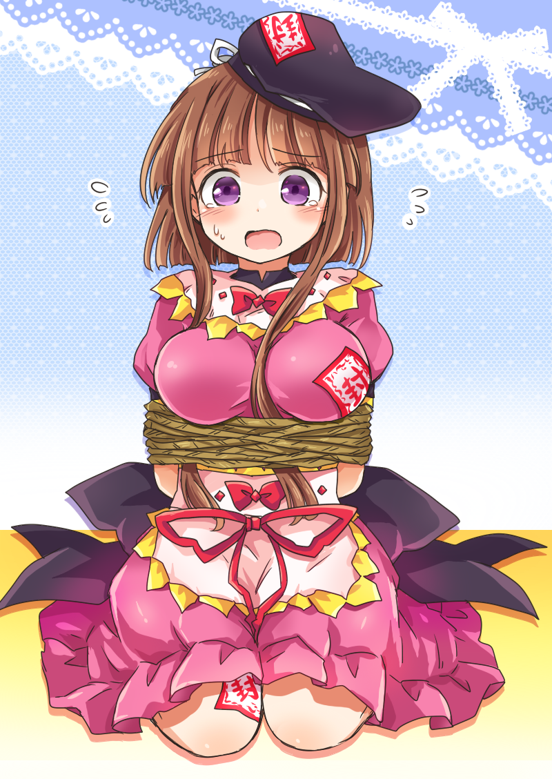 1girl apron bangs between_breasts black_hat blue_background blush bound bow breasts brown_hair commentary_request dress eyebrows_visible_through_hair flying_sweatdrops hat hat_ribbon lace_trim large_breasts looking_at_viewer nishida_satono ofuda open_mouth pink_dress pote_(ptkan) red_bow red_ribbon ribbon rope short_hair_with_long_locks sidelocks sitting solo tears tied_up touhou two-tone_background violet_eyes waist_apron wariza white_apron white_ribbon yellow_background