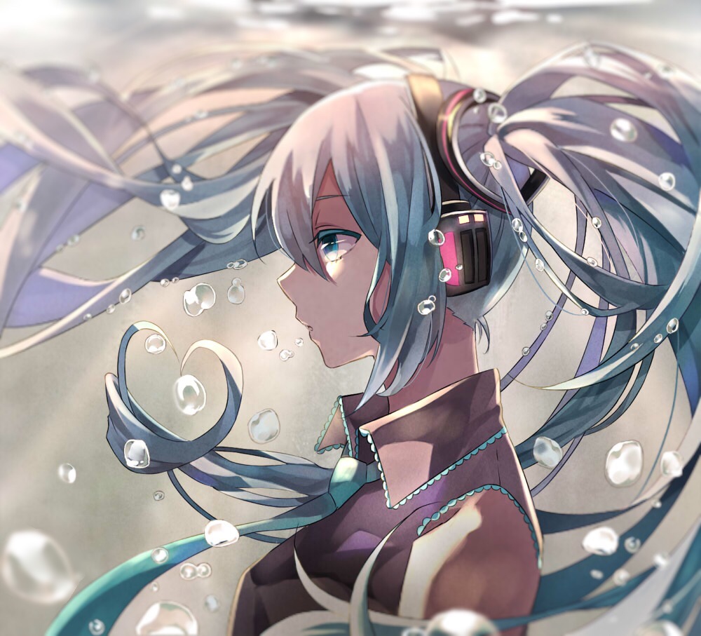 1girl air_bubble bare_shoulders blue_eyes blue_hair blue_neckwear blurry bubble close-up depth_of_field expressionless face floating floating_hair grey_shirt hatsune_miku light_rays long_hair looking_away necktie parted_lips profile shaded_face shirt sleeveless sleeveless_shirt solo submerged sunlight um_(36061955) underwater upper_body very_long_hair vocaloid water