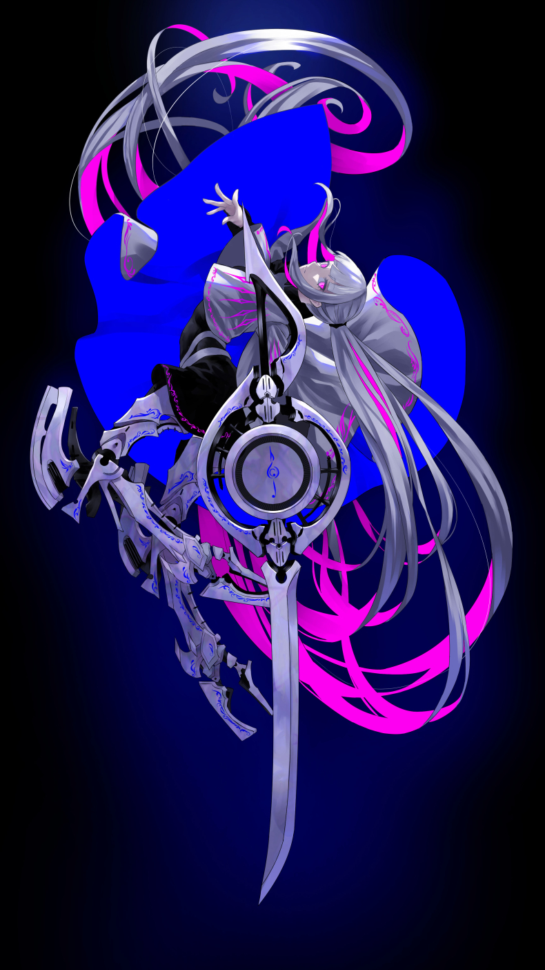 1girl absurdly_long_hair arched_back black_background blue capelet expressionless full_body gradient gradient_background highres limited_palette long_hair looking_at_viewer neon_trim original ponytail prosthesis prosthetic_leg purple shield simple_background skirt solo sword treble_clef tsuki-shigure very_long_hair violet_eyes weapon white_hair