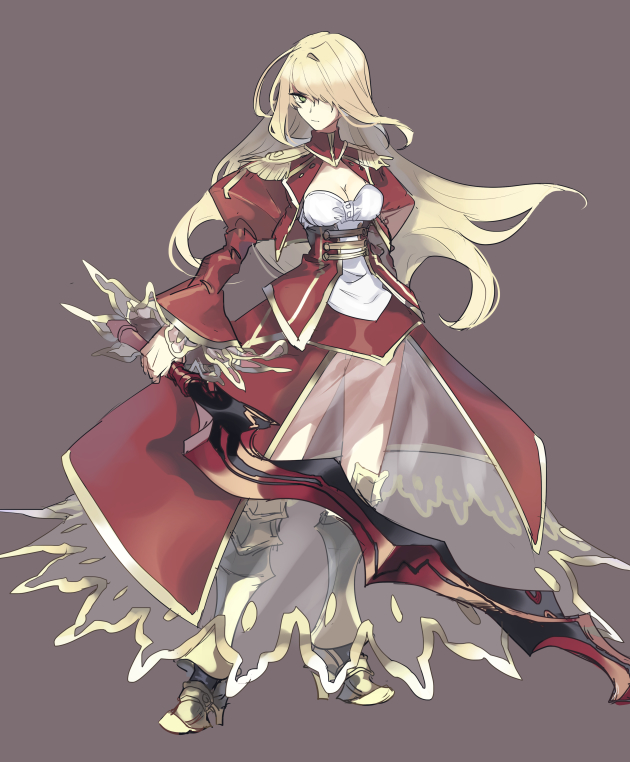 1girl alternate_hair_color armored_boots ayanolity blonde_hair boots breasts cleavage corset fate/extra fate_(series) floating_hair full_body grey_background hair_over_one_eye high_heel_boots high_heels holding holding_sword holding_weapon long_hair long_skirt long_sleeves medium_breasts nero_claudius_(fate) nero_claudius_(fate)_(all) red_skirt red_sleeves shrug_(clothing) skirt solo standing sword very_long_hair weapon