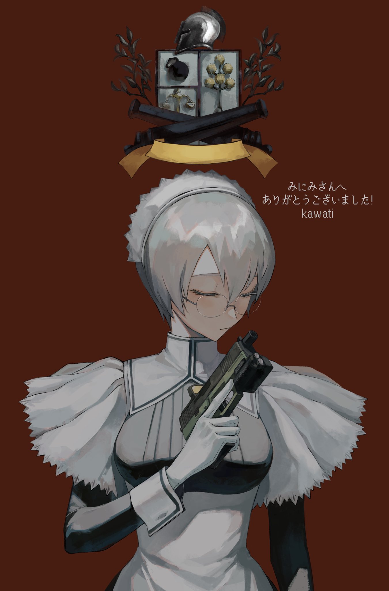 1girl apron bangs black_dress breasts cannon closed_eyes closed_mouth commission dress emblem glasses gloves grey_hair gun hair_between_eyes handgun highres holding holding_gun holding_weapon kawatiw large_breasts maid maid_headdress original red_background short_hair simple_background skeb_commission solo upper_body weapon white_apron white_gloves