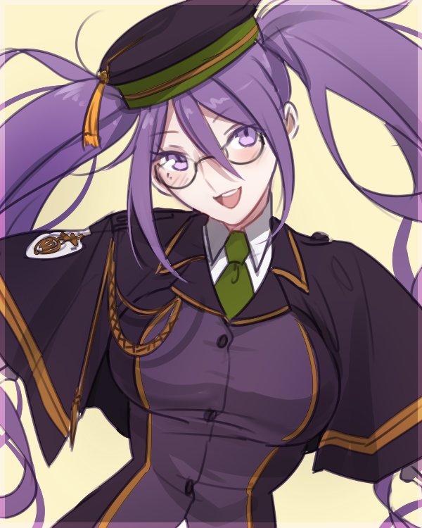1girl atlas_academy_uniform blush breasts capelet eyebrows_visible_through_hair fate/grand_order fate_(series) glasses green_neckwear hair_between_eyes hat large_breasts long_hair looking_at_viewer necktie nusumenaihxseki open_mouth purple_hair simple_background sion_eltnam_atlasia smile solo twintails violet_eyes