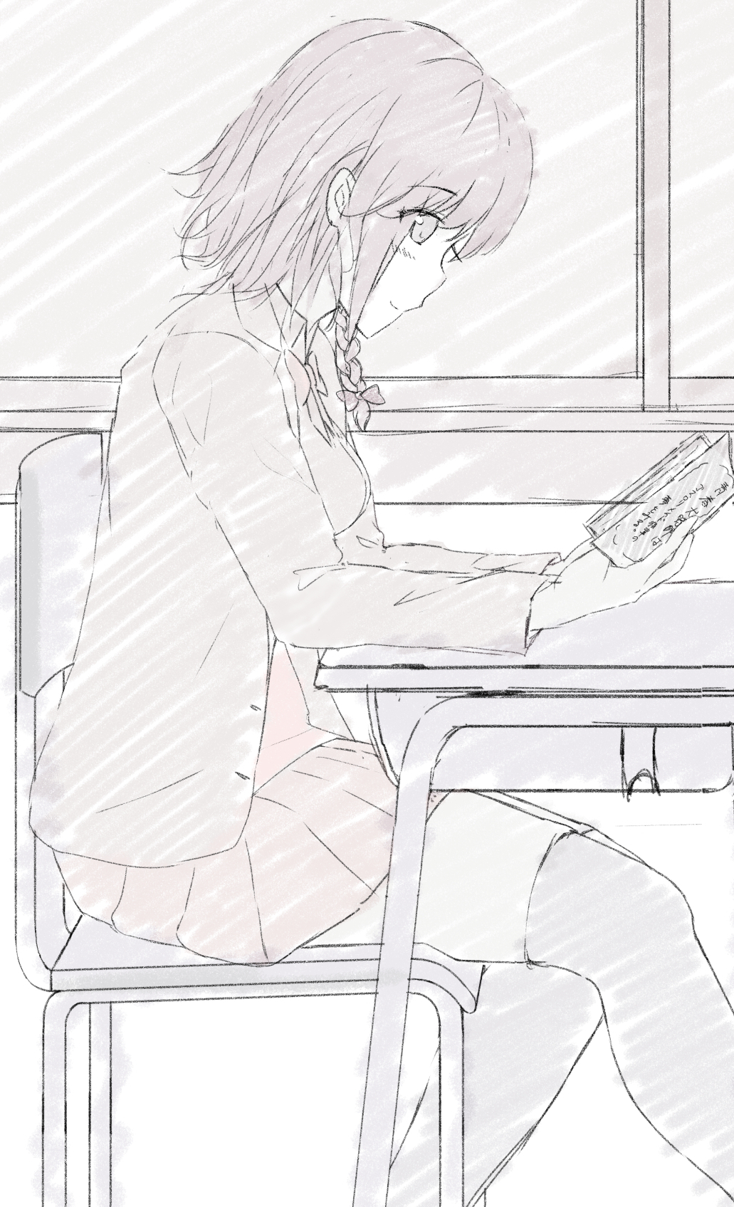1girl 7_calpis_7 bangs blazer blush book bow bowtie braid breasts closed_mouth desk eyebrows_visible_through_hair greyscale hair_between_eyes hair_bow highres holding holding_book indoors jacket long_sleeves looking_away monochrome open_book open_clothes open_jacket original pleated_skirt school_desk school_uniform sidelocks single_braid sitting skirt small_breasts smile solo sweater_vest thigh-highs translation_request window