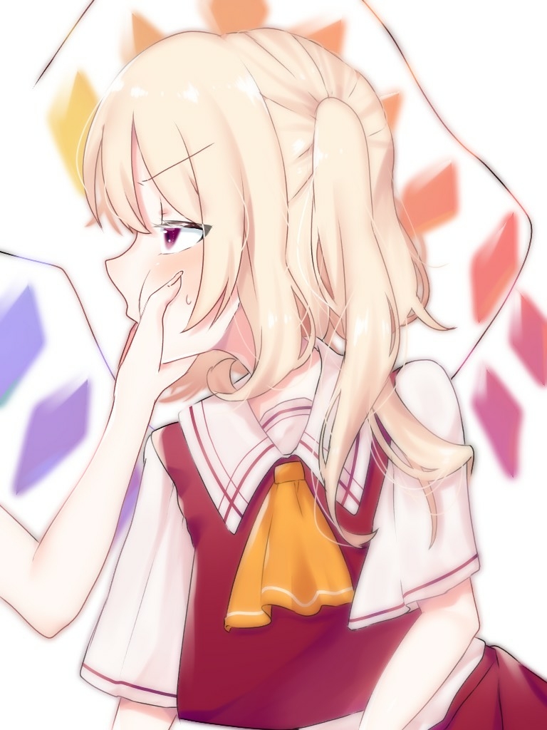 1girl ascot bangs blonde_hair blush collared_shirt crystal eringi_(rmrafrn) eyebrows_visible_through_hair face_grab fingernails flandre_scarlet hair_between_eyes long_hair one_side_up orange_neckwear out_of_frame profile red_eyes red_skirt red_vest shirt short_sleeves sidelocks simple_background skirt skirt_set solo_focus sweat touhou vest white_background white_shirt wings