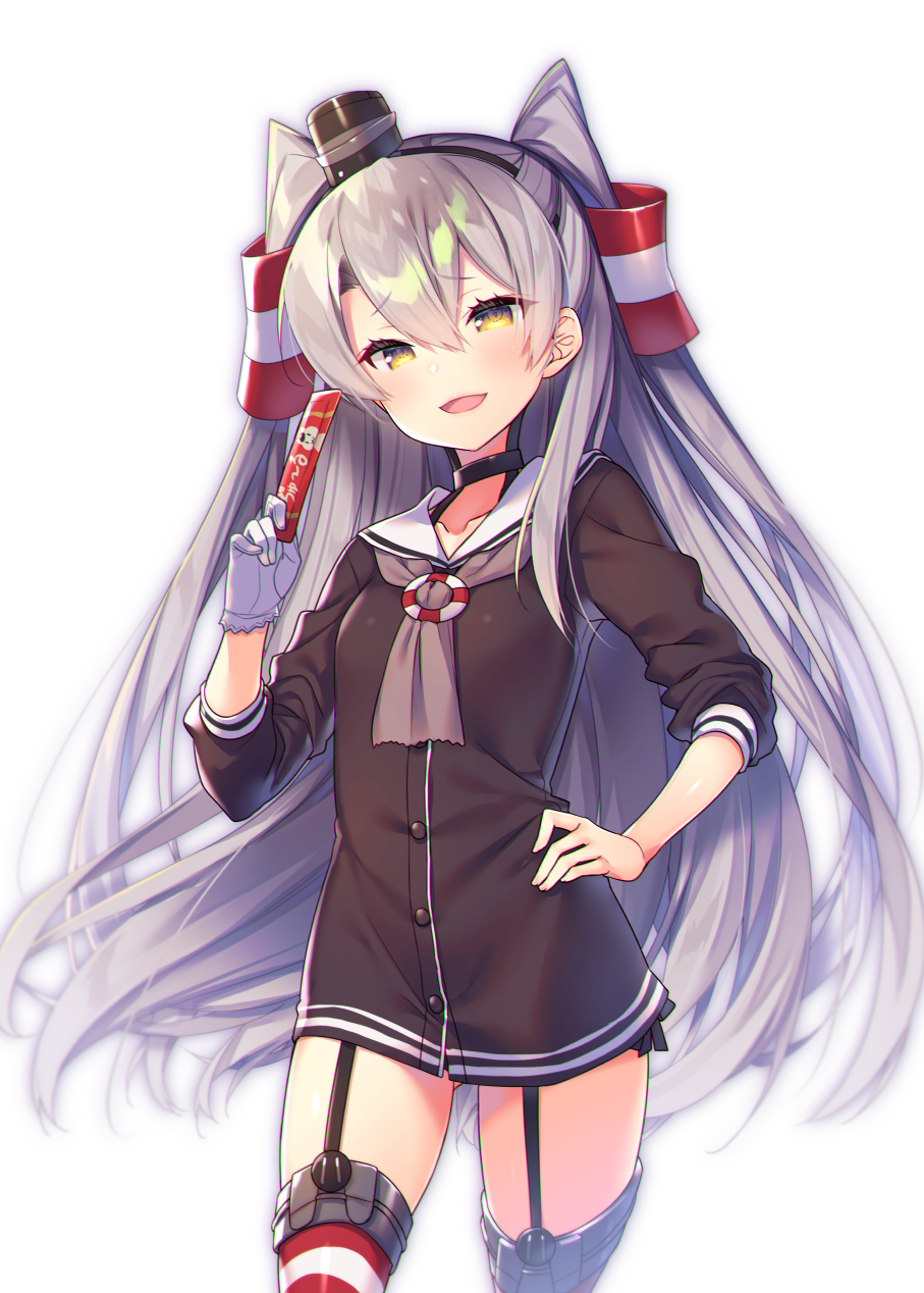 :d amatsukaze_(kantai_collection) ass_visible_through_thighs breasts choker contrapposto cowboy_shot dress garter_straps gloves hair_between_eyes hairband hand_on_hip hat highres kantai_collection long_hair mini_hat open_mouth red_legwear sailor_dress short_dress silver_hair single_glove small_breasts smile tahya thigh-highs two_side_up very_long_hair white_gloves yellow_eyes zettai_ryouiki