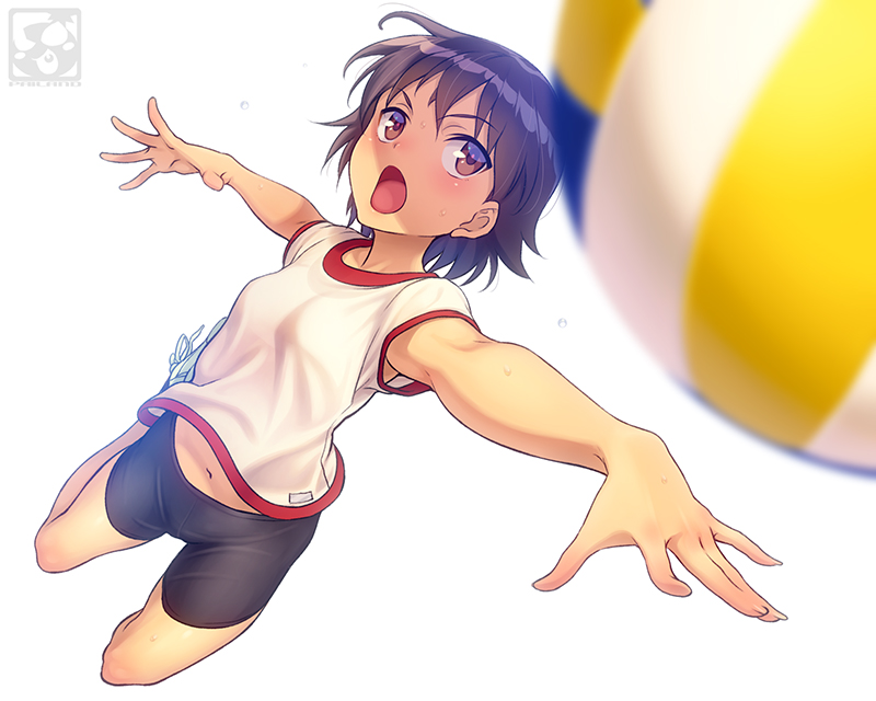 1girl armpit_peek artist_logo artist_name bangs bike_shorts black_hair black_shorts blurry blurry_foreground blush breasts brown_eyes clothes_writing commentary_request depth_of_field dress eyebrows_visible_through_hair full_body girls_und_panzer gym_shirt isobe_noriko midair navel open_mouth outstretched_arm pairan shirt short_hair short_sleeves shorts simple_background small_breasts solo v-shaped_eyebrows volleyball white_background