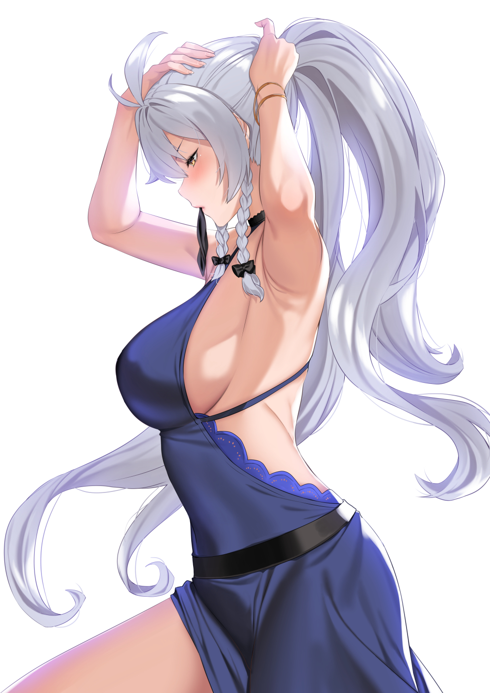 1girl ahoge armpits arms_up blue_dress blush bracelet breasts contrapposto cowboy_shot deras dress from_side granblue_fantasy halterneck highres jewelry large_breasts mouth_hold ponytail profile sideboob silva_(granblue_fantasy) silver_hair simple_background solo twintails tying_hair white_background yellow_eyes