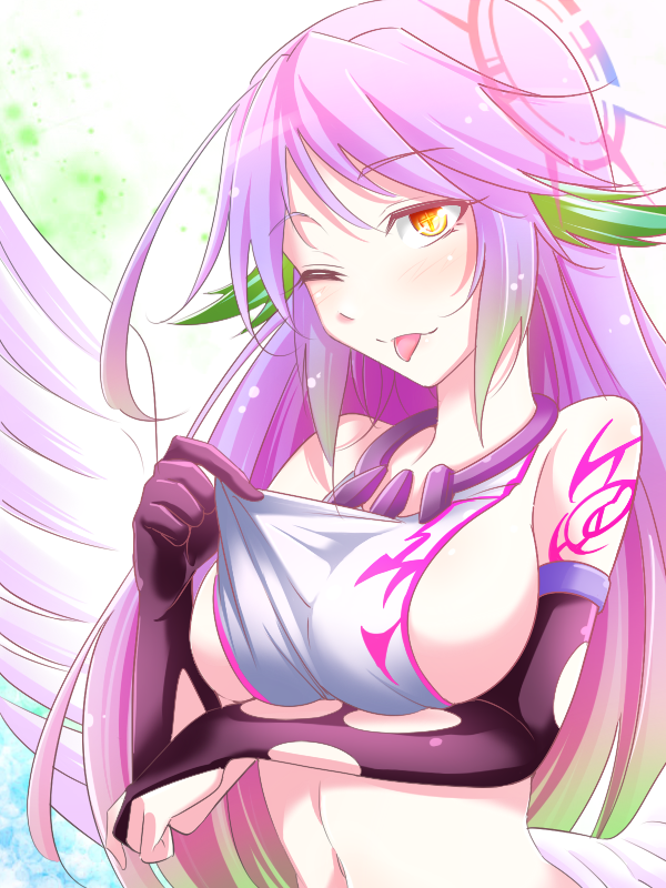 1girl ;p angel_wings blush breast_hold breasts bridal_gauntlets commentary_request crop_top cross eyebrows_visible_through_hair feathered_wings gloves gradient_eyes gradient_hair halo jibril_(no_game_no_life) kachirou large_breasts long_hair looking_at_viewer low_wings magic_circle midriff multicolored multicolored_eyes multicolored_hair navel no_game_no_life one_eye_closed orange_eyes pink_hair purple_hair sideboob solo symbol-shaped_pupils tattoo tongue tongue_out very_long_hair white_wings wing_ears wings yellow_eyes
