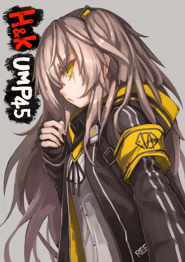 1girl 404_(girls_frontline) armband bangs black_jacket brown_eyes character_name collared_jacket commentary_request crossed_bangs eyebrows_visible_through_hair girls_frontline grey_background grey_hair hair_between_eyes hood hood_down hooded_jacket jacket long_hair one_side_up onyanpi open_clothes open_jacket scar scar_across_eye shirt solo symbol ump45_(girls_frontline) white_shirt