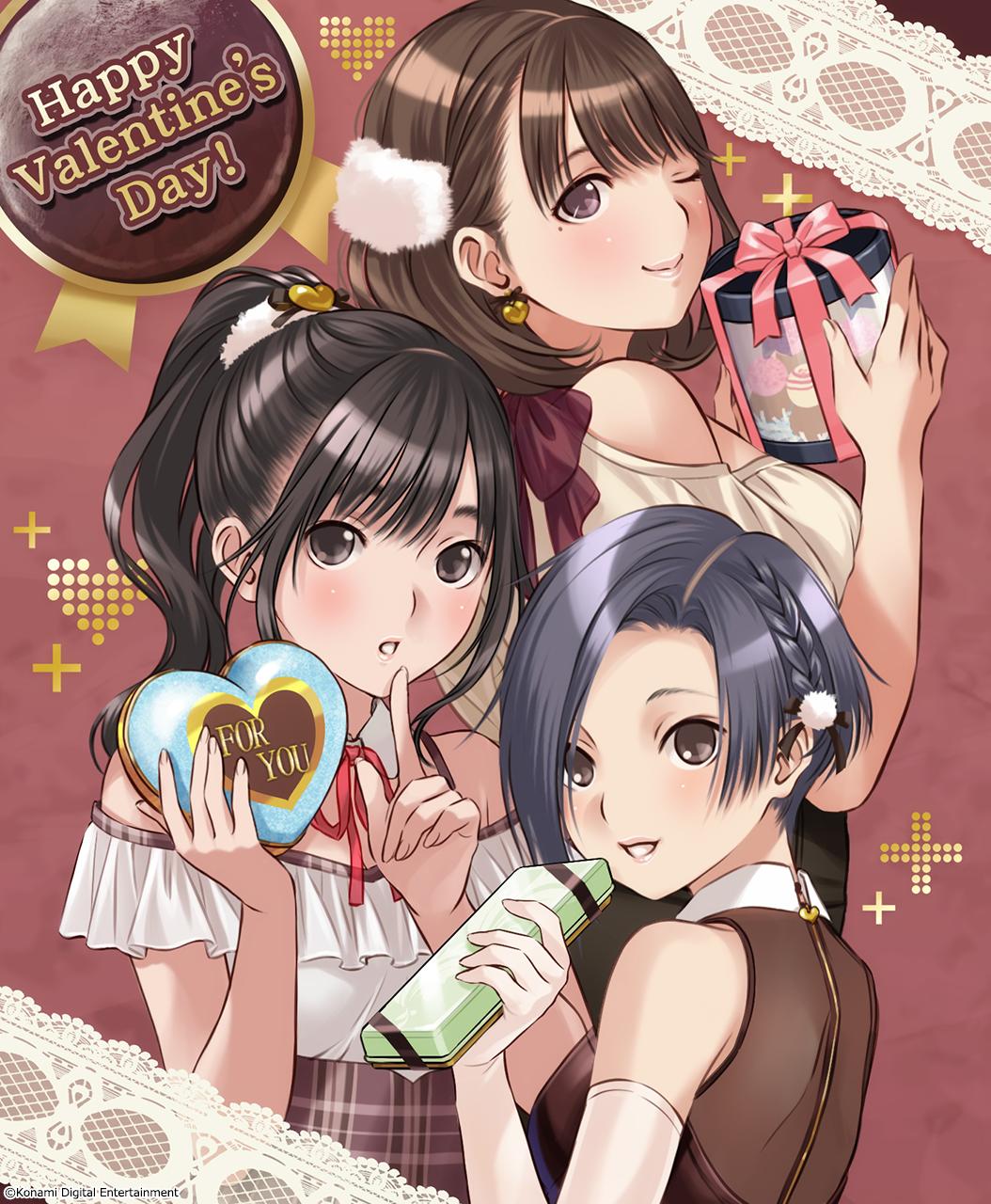 3girls anegasaki_nene bangs black_hair blush bob_cut box braid breasts brown_eyes brown_hair gift gift_box happy_valentine heart heart-shaped_box highres holding holding_gift kobayakawa_rinko large_breasts looking_at_viewer love_plus mino_tarou mole mole_under_eye multiple_girls ponytail short_hair smile takane_manaka valentine