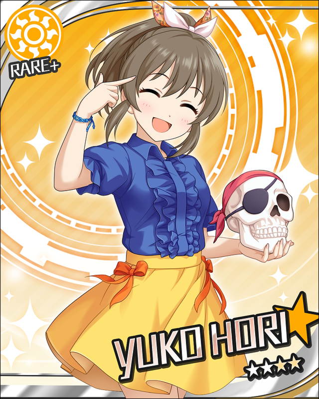 blush brown_hair character_name closed_eyes dress hori_yuko idolmaster idolmaster_cinderella_girls short_hair skull smile stars