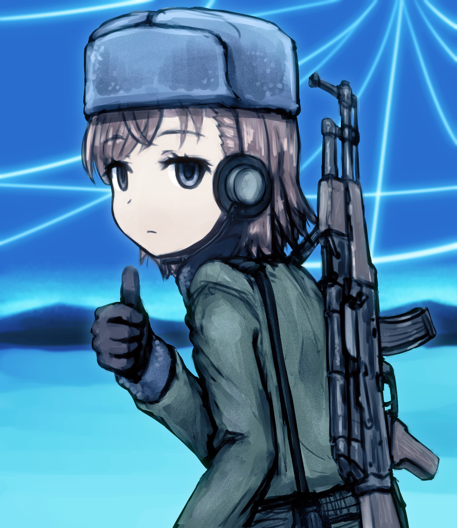 1girl alternate_costume bangs black_gloves blue_sky brown_hair commentary_request empty_eyes expressionless eyebrows_visible_through_hair gloves grey_eyes grey_hat grey_jacket gun hand_up hat headset jacket long_sleeves looking_at_viewer misaka_imouto outdoors rifle shirosato short_hair sky solo swept_bangs thumbs_up to_aru_majutsu_no_index upper_body weapon weapon_on_back