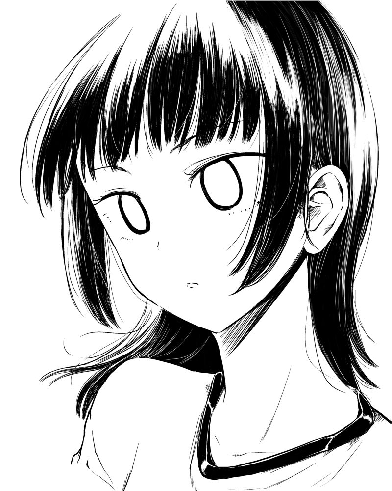 1girl commentary_request extra floating_hair gym_shirt kayo_(watashi_ga_motenai_no_wa_dou_kangaetemo_omaera_ga_warui!) light_frown medium_hair monochrome portrait shirt solo tamezou watashi_ga_motenai_no_wa_dou_kangaetemo_omaera_ga_warui!