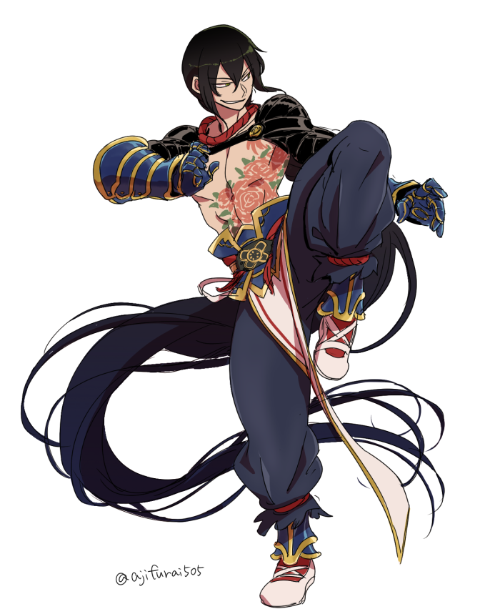 1boy absurdly_long_hair asaya_minoru bangs black_hair blue_pants chest_tattoo eyebrows_visible_through_hair fate/grand_order fate_(series) flower_tattoo full_body gauntlets hair_between_eyes long_hair low_ponytail male_focus pants parted_lips ponytail puffy_pants shoes simple_background solo standing standing_on_one_leg tattoo twitter_username v-shaped_eyebrows very_long_hair white_background white_footwear yan_qing_(fate/grand_order)