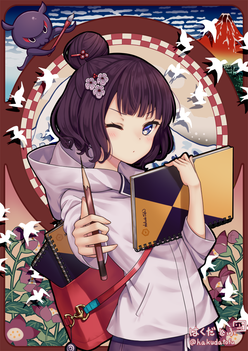 1girl arms_behind_head arms_up bag bangs bird blush breasts closed_mouth commentary_request eyebrows_visible_through_hair fate/grand_order fate_(series) flower hair_between_eyes hair_bun hair_flower hair_ornament hairpin hakuda_tofu heroic_spirit_traveling_outfit highres holding holding_brush holding_pencil hood hood_down hoodie katsushika_hokusai_(fate/grand_order) long_sleeves looking_at_viewer mountain notebook octopus one_eye_closed pencil shoulder_bag sketchbook solo standing violet_eyes