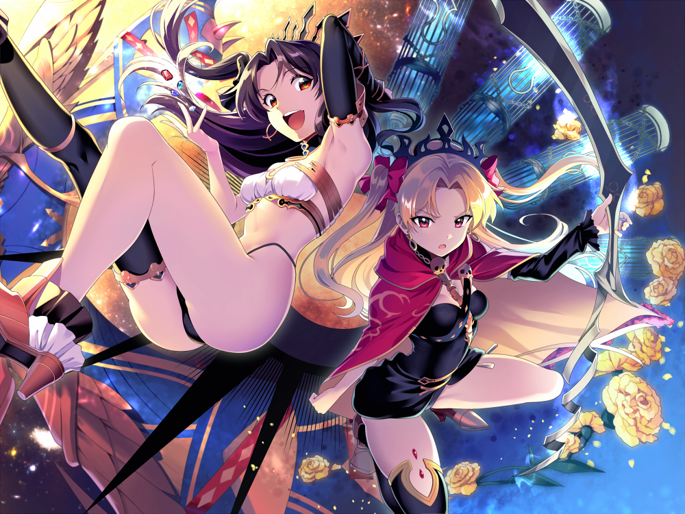 2girls ass black_hair blonde_hair cage cloak earrings ereshkigal_(fate/grand_order) fate/grand_order fate_(series) flower gem hakka_(88hk88) heavenly_boat_maanna ishtar_(fate/grand_order) jewelry multiple_girls red_eyes siblings single_thighhigh sisters skull_necklace thigh-highs tiara two_side_up