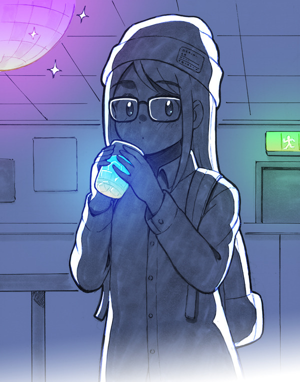 1girl 49s-aragon backpack bag beanie collared_shirt cup dark disco_ball drink glasses glowing hat ice indoors long_sleeves looking_at_viewer original shirt solo sparkle