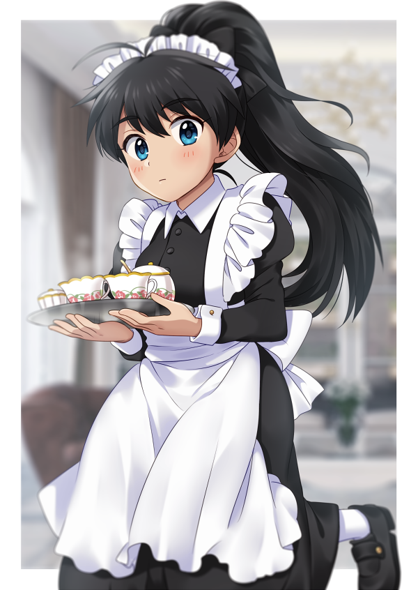 1girl alternate_costume apron back_bow bangs black_dress black_footwear black_hair blue_eyes blurry blurry_background blush bow closed_mouth cup depth_of_field dress enmaided eyebrows_visible_through_hair ganaha_hibiki high_ponytail hiiringu holding holding_tray idolmaster idolmaster_(classic) indoors juliet_sleeves leg_up loafers long_hair long_sleeves maid maid_headdress personification puffy_sleeves shoes solo standing standing_on_one_leg steam tareme teacup tray white_apron white_bow white_legwear wrist_cuffs