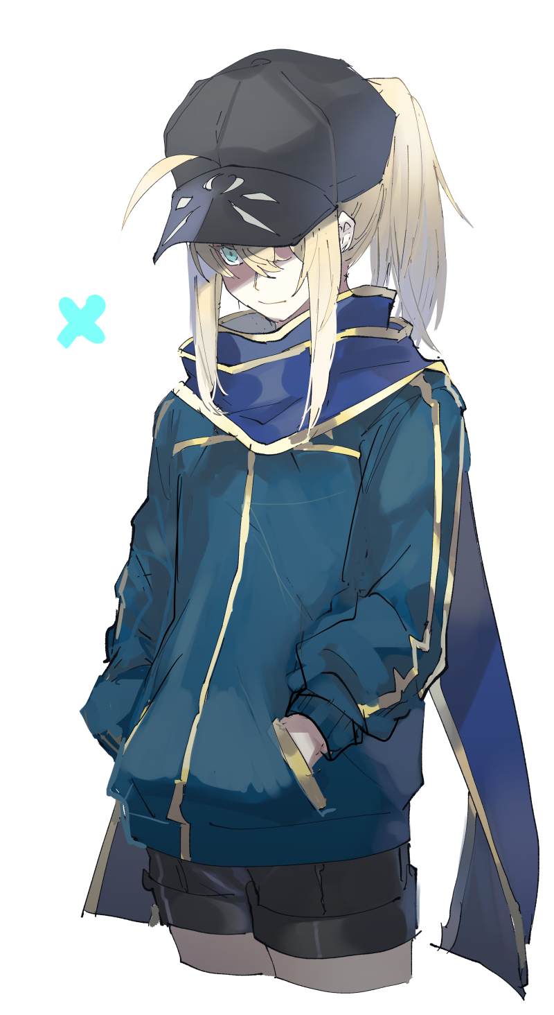 1girl ahoge artoria_pendragon_(all) ayanolity black_hat black_shorts blonde_hair blue_eyes blue_scarf blue_sweater cowboy_shot cropped_legs fate/grand_order fate_(series) hair_between_eyes hands_in_pocket hat highres long_hair long_sleeves mysterious_heroine_x peaked_cap ponytail scarf short_shorts shorts sidelocks simple_background sketch smile solo standing sweater white_background
