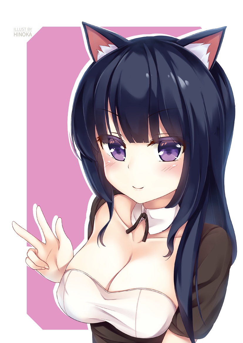 &gt;:) 1girl animal_ear_fluff animal_ears artist_name bangs black_hair blush breasts brown_dress cat_ears cleavage closed_mouth collar collarbone commentary_request detached_collar dress eyebrows_visible_through_hair fingernails hand_up hinoka_(allen) long_hair looking_at_viewer medium_breasts original outline pink_background short_sleeves signature smile solo two-tone_background upper_body v v-shaped_eyebrows violet_eyes white_background white_collar white_outline