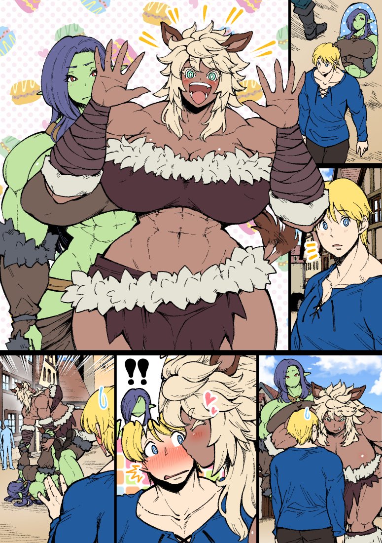 1boy 2girls :d abs amano_jack_(paradise_jack) animal_ears bare_shoulders blonde_hair blue_eyes blush breasts cheek_kiss collarbone comic commentary_request dark_blue_hair dark_skin eyebrows_visible_through_hair fang fantasy female_orc fur_trim green_eyes green_skin hands_up heart kiss large_breasts macaron_background messy_hair multiple_girls muscle muscular_female navel open_mouth orc original pointy_ears red_eyes short_hair silent_comic smile surfboard_(wrestling) sweatdrop tall_female tongue wide_hips wrestling