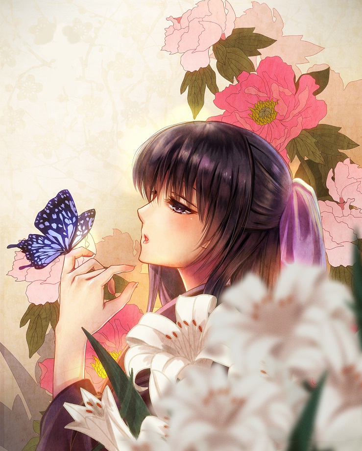 1girl black_eyes black_hair bug butterfly butterfly_on_hand flower insect izumi_(stardustalone) japanese_clothes kimono long_hair parted_lips pink_flower profile renri_no_chigiri_wo_kimi_to_shiru solo upper_body white_flower