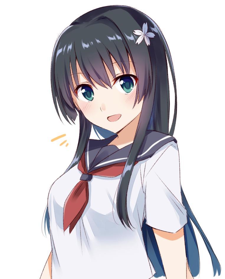 1girl black_hair blue_sailor_collar flower green_eyes hair_flower hair_ornament long_hair looking_at_viewer neckerchief nemu_mohu open_mouth red_neckwear sailor_collar sakugawa_school_uniform saten_ruiko school_uniform serafuku shirt smile solo to_aru_kagaku_no_railgun to_aru_majutsu_no_index upper_body white_shirt