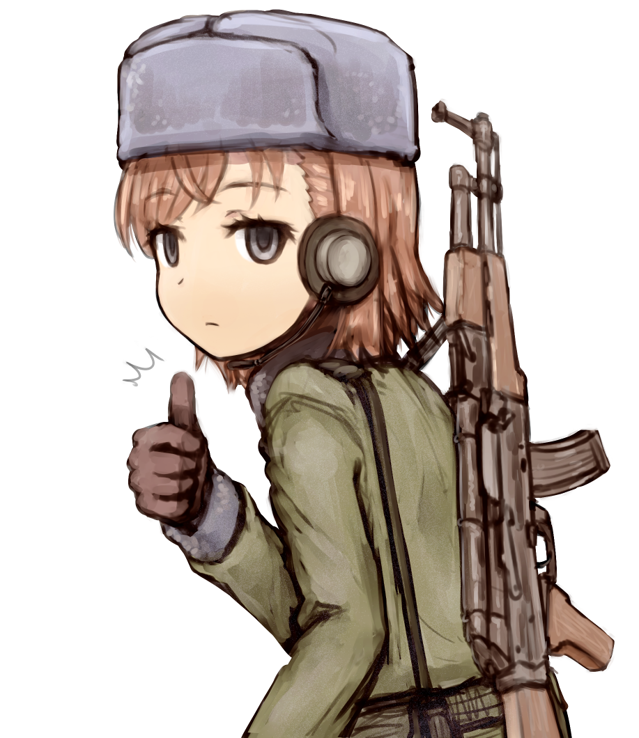 /\/\/\ 1girl alternate_costume bangs black_gloves brown_hair commentary_request empty_eyes expressionless eyebrows_visible_through_hair gloves grey_eyes grey_hat grey_jacket gun hand_up hat headset jacket long_sleeves looking_at_viewer misaka_imouto rifle shirosato short_hair simple_background solo swept_bangs thumbs_up to_aru_majutsu_no_index upper_body weapon weapon_on_back white_background