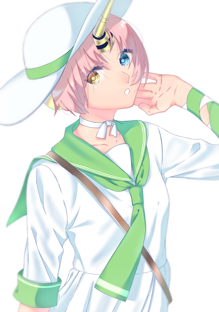 1girl akapug621 arm_ribbon blue_eyes fate/apocrypha fate_(series) frankenstein's_monster_(fate) green_neckwear green_ribbon green_sailor_collar hat hat_ribbon horn open_mouth pink_hair ribbon sailor_collar shirt short_hair simple_background skirt solo sun_hat upper_body white_background white_hat white_shirt white_skirt yellow_eyes