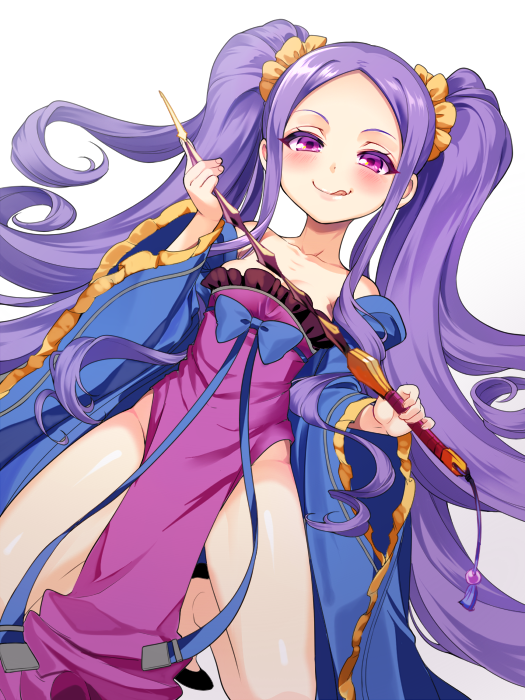 1girl blue_bow blush bow breasts chinese_clothes cleavage fate/grand_order fate_(series) hair_ornament hair_scrunchie hakka_(88hk88) licking_lips long_hair purple_hair scrunchie sidelocks simple_background smile solo tongue tongue_out twintails very_long_hair violet_eyes white_background wu_zetian_(fate/grand_order) yellow_scrunchie