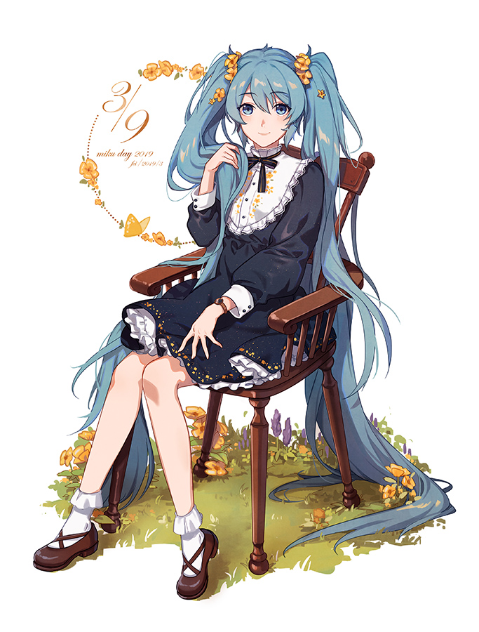 1girl 39 absurdly_long_hair alternate_costume bangs black_dress black_neckwear black_ribbon blue_eyes blue_hair blush bobby_socks brown_footwear chair character_name closed_mouth commentary_request dated dress eyebrows_visible_through_hair fen_renlei flower frilled_dress frills full_body hair_flower hair_ornament hatsune_miku long_hair long_sleeves looking_at_viewer neck_ribbon on_chair puffy_long_sleeves puffy_sleeves ribbon shoes simple_background sitting smile socks solo very_long_hair vocaloid watch watch white_background white_legwear yellow_flower