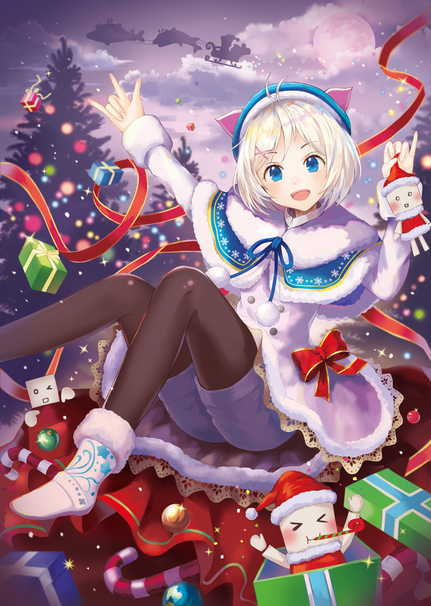 1girl :d black_legwear blonde_hair blue_eyes christmas christmas_tree clouds coat dennou_shoujo_youtuber_shiro dew_(7302235) full_moon fur_trim gift hair_ornament knees_up merry_christmas moon night night_sky open_mouth ornament party_whistle red_ribbon ribbon santa_costume shiro_(dennou_shoujo_youtuber_shiro) short_hair shorts sitting sky sleigh smile virtual_youtuber whale white_coat x_hair_ornament