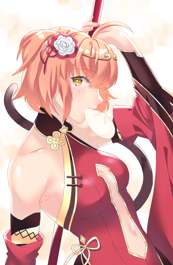 1girl akapug621 breasts cat_tail cleavage cleavage_cutout cosplay_request detached_sleeves fate/grand_order fate_(series) flower fujimaru_ritsuka_(female) hair_flower hair_ornament hair_ribbon holding_polearm long_sleeves medium_breasts navel_cutout orange_hair red_ribbon ribbon short_hair solo tail upper_body white_background white_flower wide_sleeves