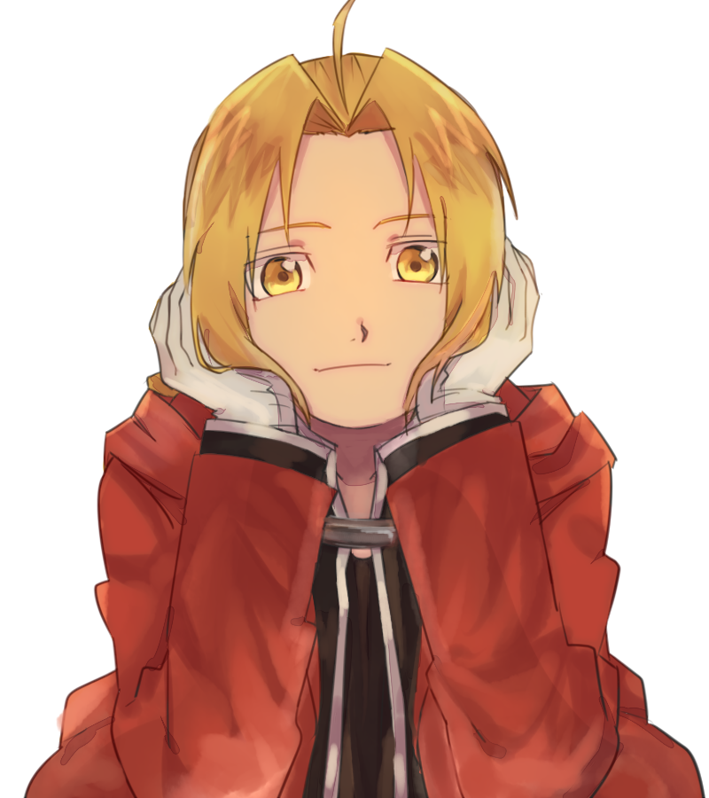 1boy ahoge black_shirt blonde_hair coat collarbone edward_elric fullmetal_alchemist gloves hair_intakes head_rest hood hood_down hooded_coat kdkdn12 looking_at_viewer male_focus open_clothes open_coat red_coat shirt short_hair simple_background smile solo upper_body white_background white_gloves yellow_eyes