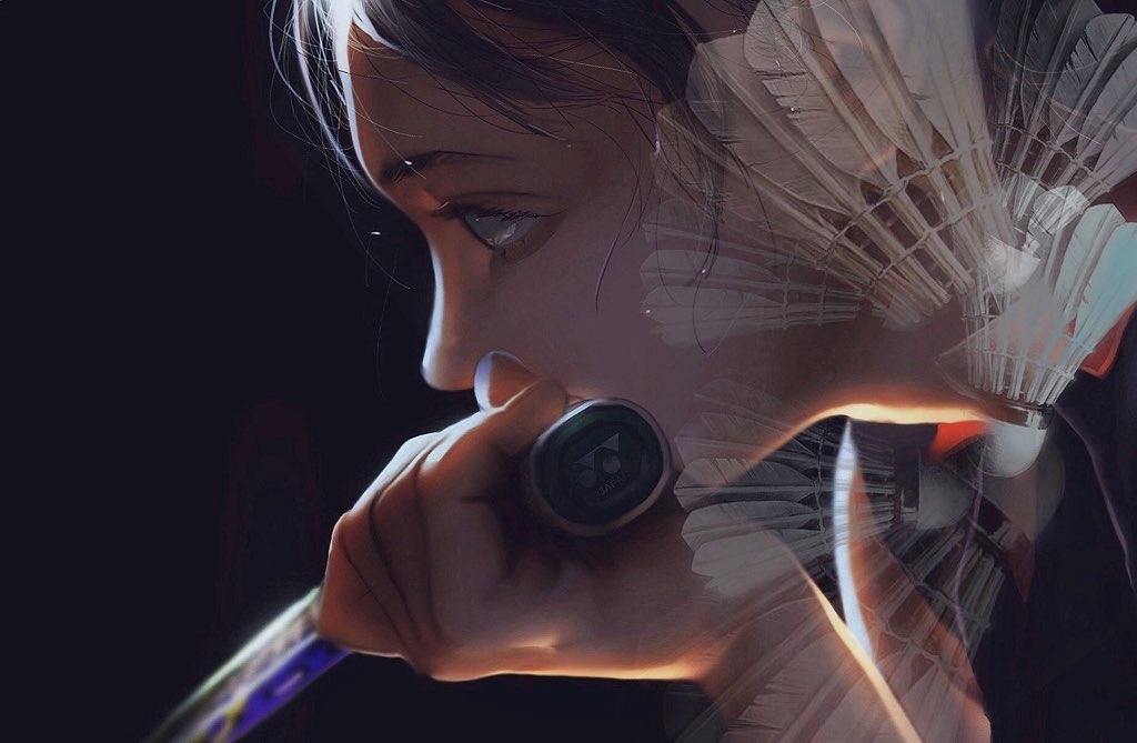 1girl backlighting badminton badminton_racket black_background black_hair chin_rest covering_mouth diao_(sen_zoku) face from_side holding holding_racket looking_afar nose original profile racket realistic shuttlecock simple_background solo sweat