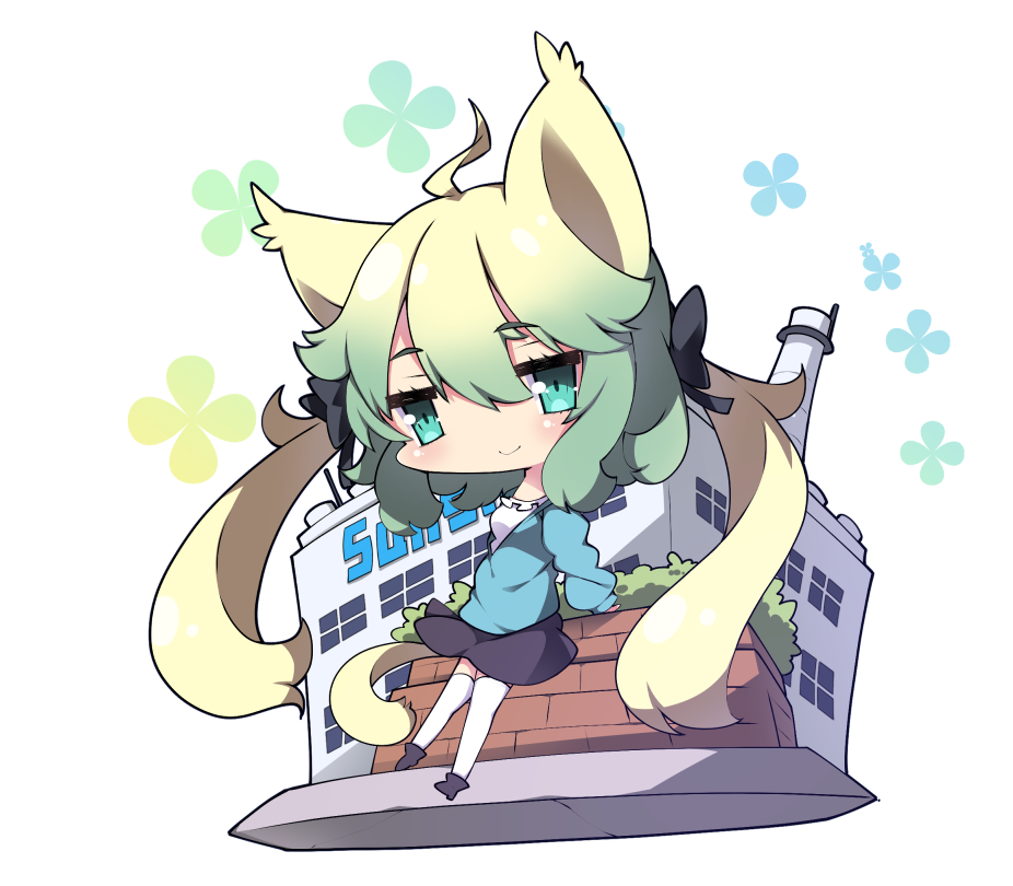 1girl ahoge animal_ears atalanta_(fate) bangs black_bow black_footwear black_skirt blonde_hair blue_jacket blush boots bow building cat_ears chibi closed_mouth commentary_request eyebrows_visible_through_hair fate/apocrypha fate_(series) gradient_hair green_eyes green_hair hair_between_eyes hair_bow jacket long_hair long_sleeves milkpanda multicolored_hair puffy_long_sleeves puffy_sleeves shirt skirt smile solo thigh-highs thighhighs_under_boots very_long_hair white_background white_legwear white_shirt window