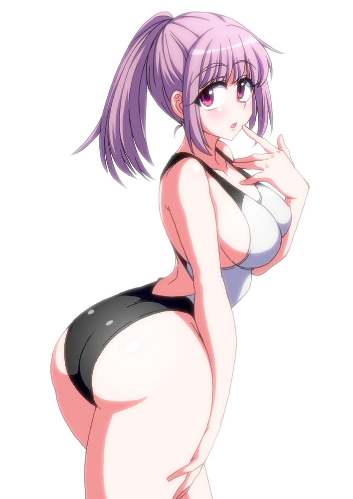 1girl ass bangs breasts commentary_request competition_swimsuit eyebrows_visible_through_hair finger_to_mouth hand_on_own_thigh high_ponytail huge_ass large_breasts looking_at_viewer looking_back one-piece_swimsuit original purple_hair sideboob sidelocks simple_background solo swimsuit violet_eyes white_background zetsumu