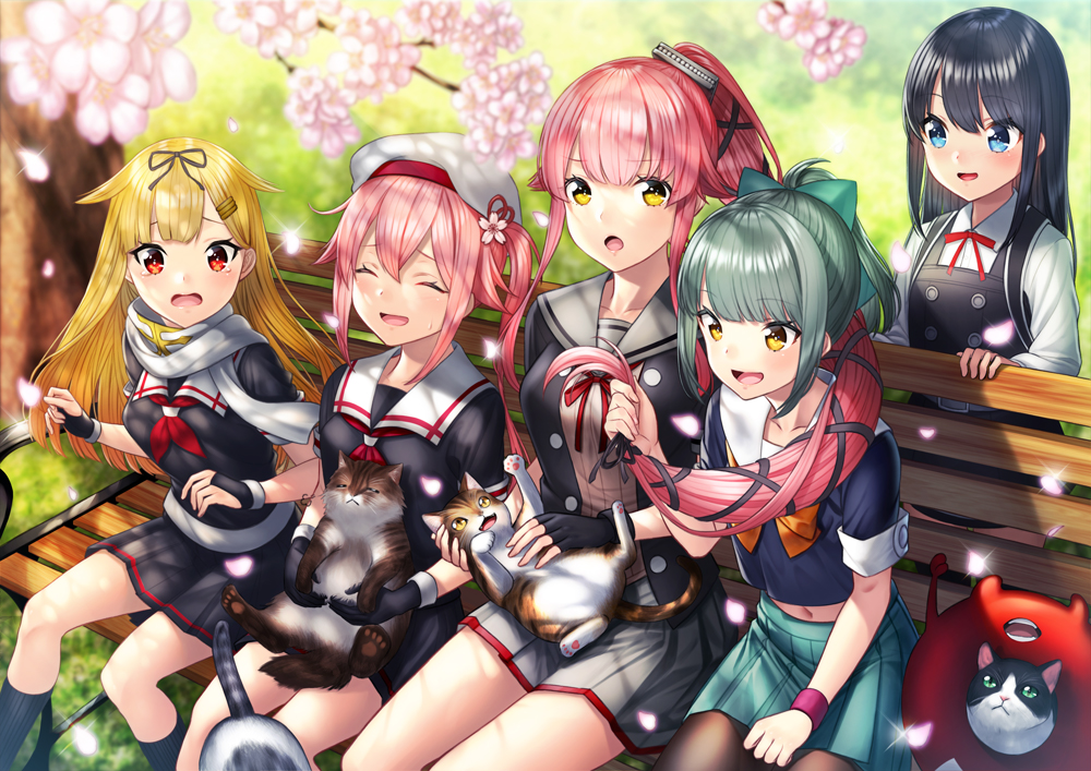 5girls animal animal_ears asashio_(kantai_collection) backpack bag bangs belt bench beret black_gloves black_hair black_legwear black_ribbon black_serafuku blonde_hair blue_eyes blush bow breasts buttons cat cat_ears cat_tail cherry_blossoms closed_eyes closed_mouth collarbone commentary_request day dress enemy_lifebuoy_(kantai_collection) eyebrows_visible_through_hair fingerless_gloves flower gloves gradient_hair green_skirt grey_hair grey_sailor_collar grey_skirt hair_between_eyes hair_bow hair_flaps hair_flower hair_ornament hair_ribbon hairclip harusame_(kantai_collection) hat holding holding_cat holding_hair kantai_collection kneehighs kyon_(fuuran) long_hair long_sleeves looking_at_another looking_at_viewer medium_hair midriff multicolored_hair multiple_girls multiple_others navel neck_ribbon neckerchief open_mouth outdoors petals pinafore_dress pink_hair pleated_skirt ponytail randoseru red_eyes red_neckwear red_ribbon remodel_(kantai_collection) ribbon sailor_collar scarf school_uniform serafuku shirt short_hair short_sleeves side_ponytail sidelocks sitting skirt smile suspenders sweatdrop tail tearing_up thighs tree tree_branch very_long_hair yellow_eyes yura_(kantai_collection) yuubari_(kantai_collection) yuudachi_(kantai_collection)
