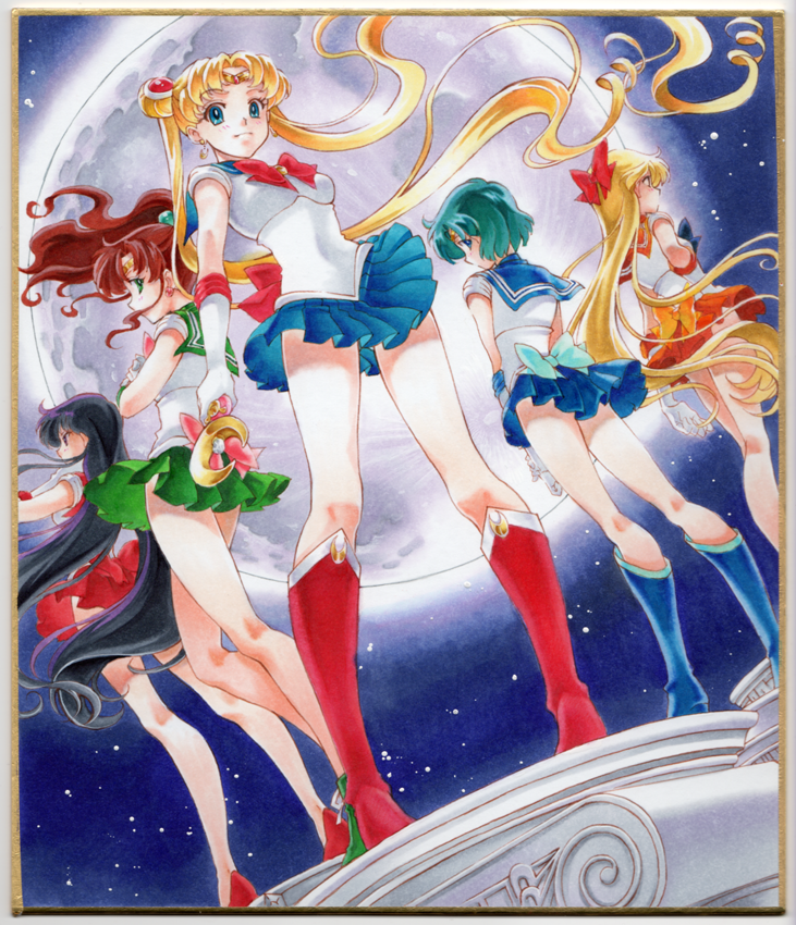 5girls aino_minako back_bow bare_legs bishoujo_senshi_sailor_moon black_hair blonde_hair blue_bow blue_eyes blue_footwear blue_hair blue_sailor_collar blue_skirt boots bow brooch brown_hair circlet crescent crescent_earrings crossed_arms double_bun earrings elbow_gloves full_body full_moon gloves green_eyes green_footwear green_sailor_collar green_skirt hair_bobbles hair_bow hair_ornament hairpin hand_on_hip high_heels hino_rei holding holding_wand inner_senshi jewelry kino_makoto knee_boots kneepits long_hair looking_at_viewer looking_away maboroshi_no_ginzuishou magical_girl marker_(medium) mizuno_ami moon moon_stick multiple_girls nekomaru night orange_bow orange_sailor_collar orange_skirt pillar pink_bow pleated_skirt ponytail profile red_bow red_footwear red_skirt sailor_collar sailor_jupiter sailor_mars sailor_mercury sailor_moon sailor_senshi sailor_senshi_uniform sailor_venus shoes short_hair skirt sky smile standing star_(sky) starry_sky traditional_media tsukino_usagi twintails wand white_gloves