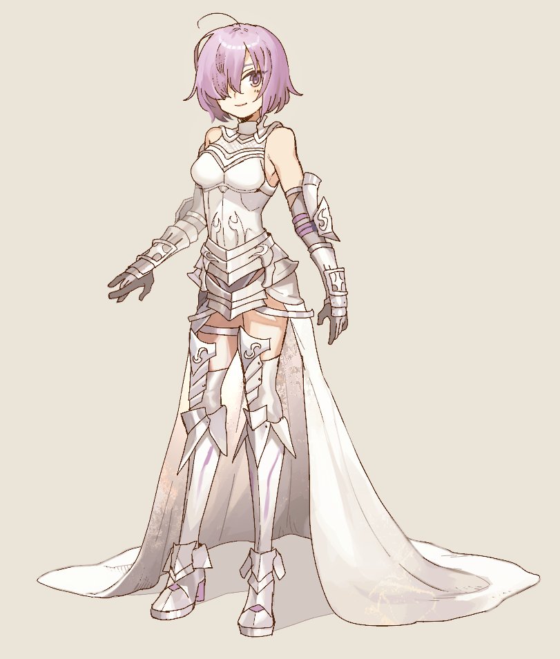 1girl alternate_color armor armored_boots armored_dress bare_shoulders blush boots breasts cape closed_mouth commentary_request fate/grand_order fate_(series) gloves hair_over_one_eye knight lavender_eyes lavender_hair looking_at_viewer mash_kyrielight medium_breasts newo_(shinra-p) short_hair simple_background smile solo white_armor white_cape