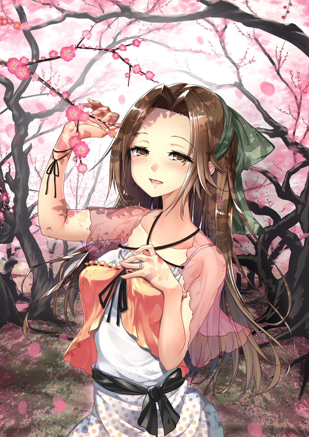 1girl alternate_costume belt black_belt black_bow blush bow breasts brown_eyes brown_hair cherry_blossoms dress eyebrows_visible_through_hair flower hair_bow highres inu3 jintsuu_(kantai_collection) kantai_collection large_breasts long_hair long_sleeves open_mouth ponytail solo tree